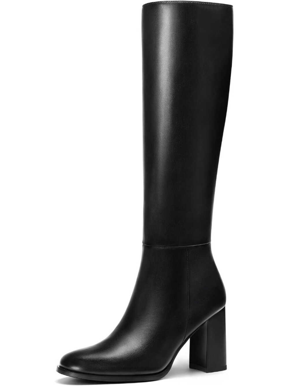 Women Black Knee High Side Zip Fashionable Round Toe Gogo Chunky Heel Boots